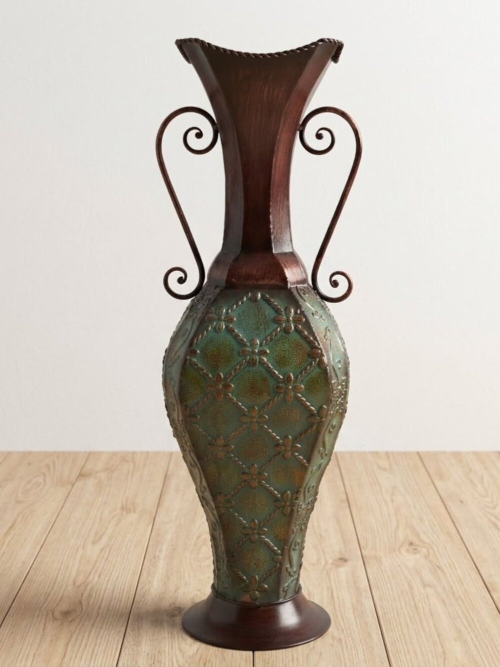 Vintage Tuscan Metal Floor Vase 24” Large Verdigris Green Bronze Urn Scrolled